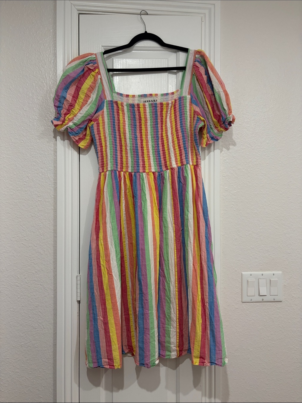 JessaKae Multicolor Rainbow-Striped Puff Sleeve Dress